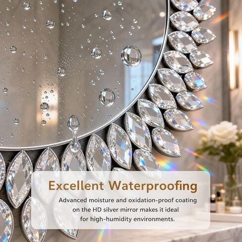 Jeweled Luxury Crystal Diamond Round Wall Mirror, 24"x24" Decorative Wall Mirror, Crystal Vanity Mirror for Bathroom, Entryway, Living Room & Fireplace Decor in Saudi Arabia