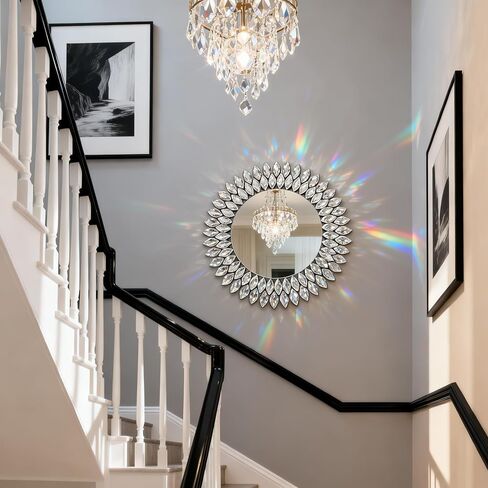 Jeweled Luxury Crystal Diamond Round Wall Mirror, 24"x24" Decorative Wall Mirror, Crystal Vanity Mirror for Bathroom, Entryway, Living Room & Fireplace Decor in Saudi Arabia