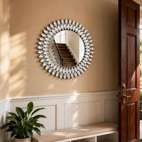 Jeweled Luxury Crystal Diamond Round Wall Mirror, 24"x24" Decorative Wall Mirror, Crystal Vanity Mirror for Bathroom, Entryway, Living Room & Fireplace Decor in Saudi Arabia