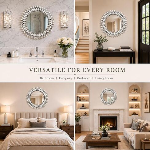 Jeweled Luxury Crystal Diamond Round Wall Mirror, 24"x24" Decorative Wall Mirror, Crystal Vanity Mirror for Bathroom, Entryway, Living Room & Fireplace Decor in Saudi Arabia