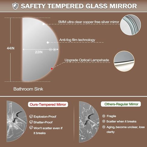 Half Moon Mirrors for Wall, 44"x22" Led Bathroom Mirror with Lights - 3-Color Backlit & Stepless Dimming-Anti-Fog-Modern Vanity Mirror-Shatterproof Glass-Memory in Saudi Arabia