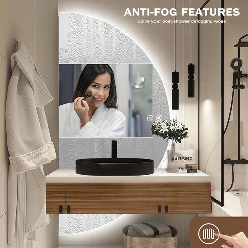 Half Moon Mirrors for Wall, 44"x22" Led Bathroom Mirror with Lights - 3-Color Backlit & Stepless Dimming-Anti-Fog-Modern Vanity Mirror-Shatterproof Glass-Memory in Saudi Arabia