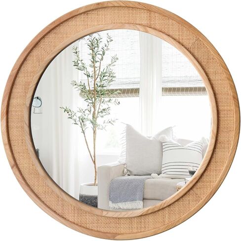 24" Round Rattan Mirror, Circle Wall Mirror, Farmhouse Wooden Vanity Mirror with Handmade Wicker Frame, Decorative Boho Mirror for Nursery Bedroom Living Room Entryway Nature in Saudi Arabia