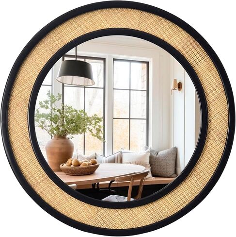 24" Round Rattan Mirror, Circle Wall Mirror, Farmhouse Wooden Vanity Mirror with Handmade Wicker Frame, Decorative Boho Mirror for Nursery Bedroom Living Room Entryway Nature in Kuwait