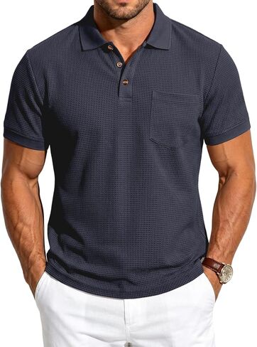 Mens Casual Polo Shirt Summer Short Sleeve Waffle Shirt Classic Collared Golf Polo Shirt in Saudi Arabia