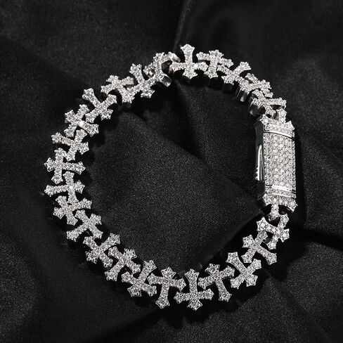 LUSSO 925 Sterling Silver Iced Out Cross Bracelet For Women And Men - 5A+ Iced Out Crosses Link Chain Bracelets, Jesus Bracelets Iced Chain Hip Hop Rapper Jewelry Gift (8inch - Cross Bracelet) in Saudi Arabia