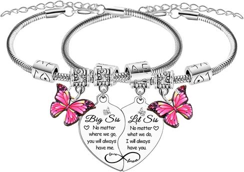 2PCS Big Sis Little Sis Heart Matching Bracelet Gifts for Sister Butterfly Charm Sisters Bracelet Christmas Birthday Gifts for Sisters in Kuwait