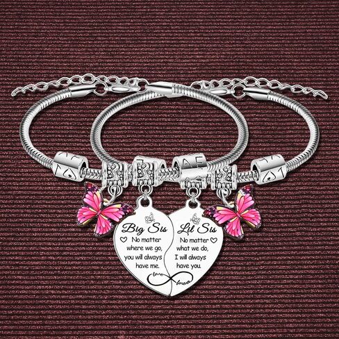 2PCS Big Sis Little Sis Heart Matching Bracelet Gifts for Sister Butterfly Charm Sisters Bracelet Christmas Birthday Gifts for Sisters in Kuwait