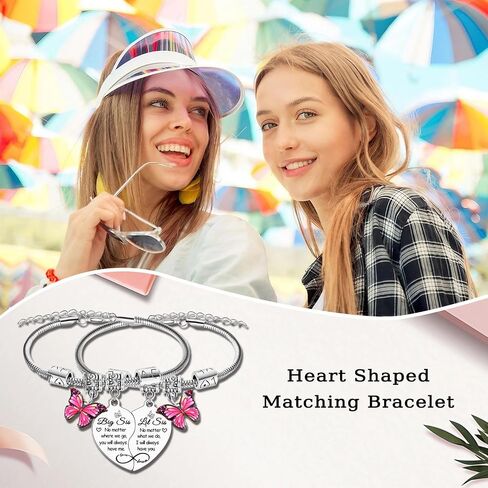 2PCS Big Sis Little Sis Heart Matching Bracelet Gifts for Sister Butterfly Charm Sisters Bracelet Christmas Birthday Gifts for Sisters in Kuwait