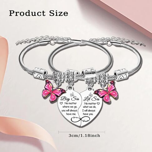 2PCS Big Sis Little Sis Heart Matching Bracelet Gifts for Sister Butterfly Charm Sisters Bracelet Christmas Birthday Gifts for Sisters in Kuwait