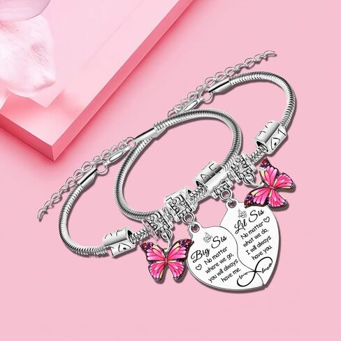 2PCS Big Sis Little Sis Heart Matching Bracelet Gifts for Sister Butterfly Charm Sisters Bracelet Christmas Birthday Gifts for Sisters in Kuwait