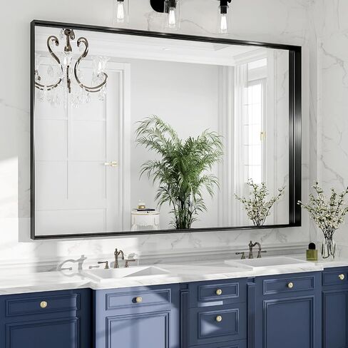 Black Bathroom Mirror 48x36, Wall Mounted Rectangular Vanity Mirror, Brushed Matte Frame, HD Distortion-Free Tempered Glass, Anti-Rust, Horizontal Vertical, Hardware Included in Saudi Arabia