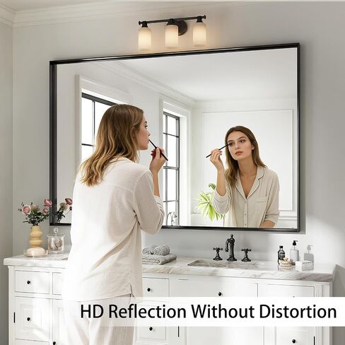 Black Bathroom Mirror 48x36, Wall Mounted Rectangular Vanity Mirror, Brushed Matte Frame, HD Distortion-Free Tempered Glass, Anti-Rust, Horizontal Vertical, Hardware Included in Saudi Arabia