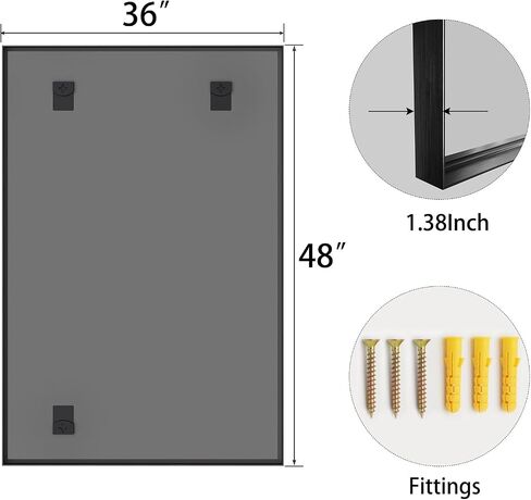 Black Bathroom Mirror 48x36, Wall Mounted Rectangular Vanity Mirror, Brushed Matte Frame, HD Distortion-Free Tempered Glass, Anti-Rust, Horizontal Vertical, Hardware Included in Saudi Arabia