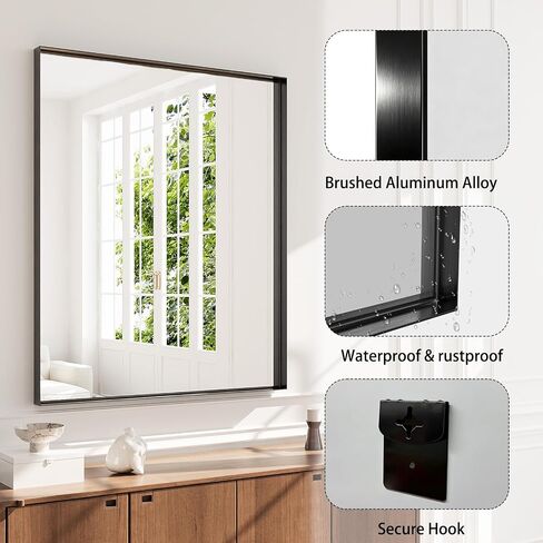 Black Bathroom Mirror 48x36, Wall Mounted Rectangular Vanity Mirror, Brushed Matte Frame, HD Distortion-Free Tempered Glass, Anti-Rust, Horizontal Vertical, Hardware Included in Saudi Arabia