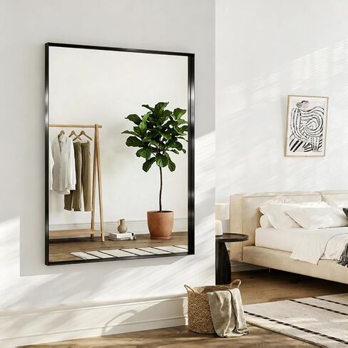 Black Bathroom Mirror 48x36, Wall Mounted Rectangular Vanity Mirror, Brushed Matte Frame, HD Distortion-Free Tempered Glass, Anti-Rust, Horizontal Vertical, Hardware Included in Saudi Arabia
