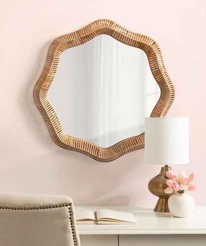Kate and Laurel Rashana Boho Scalloped Round Rattan Wall Mirror, 28 Inch Diameter, Natural, Modern Wavy Mirror with Authentic Frame for Bathroom Mirror or Statement Mantel Mirror in Kuwait