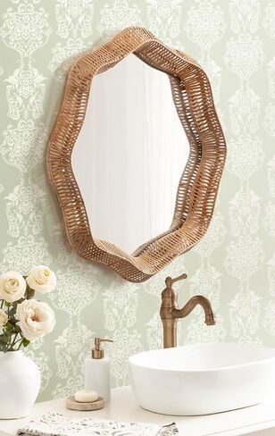 Kate and Laurel Rashana Boho Scalloped Round Rattan Wall Mirror, 28 Inch Diameter, Natural, Modern Wavy Mirror with Authentic Frame for Bathroom Mirror or Statement Mantel Mirror in Kuwait