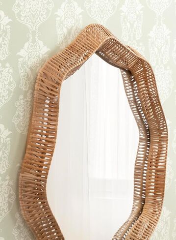 Kate and Laurel Rashana Boho Scalloped Round Rattan Wall Mirror, 28 Inch Diameter, Natural, Modern Wavy Mirror with Authentic Frame for Bathroom Mirror or Statement Mantel Mirror in Kuwait
