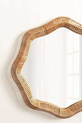 Kate and Laurel Rashana Boho Scalloped Round Rattan Wall Mirror, 28 Inch Diameter, Natural, Modern Wavy Mirror with Authentic Frame for Bathroom Mirror or Statement Mantel Mirror in Kuwait