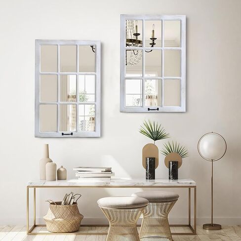 LOSOUR 24"x36" Vintage Mirror, Solid Wood Windowpane Mirrors, Farmhouse Mirror for Wall, Rustic Home Wall Decor Accents for Bedroom Living Room Dining Room, Mantle, Entryway (1, Washwhite, 24"X36") in Saudi Arabia