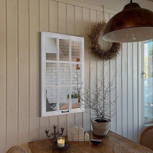 LOSOUR 24"x36" Vintage Mirror, Solid Wood Windowpane Mirrors, Farmhouse Mirror for Wall, Rustic Home Wall Decor Accents for Bedroom Living Room Dining Room, Mantle, Entryway (1, Washwhite, 24"X36") in Saudi Arabia