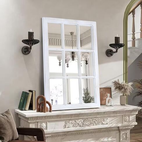 LOSOUR 24"x36" Vintage Mirror, Solid Wood Windowpane Mirrors, Farmhouse Mirror for Wall, Rustic Home Wall Decor Accents for Bedroom Living Room Dining Room, Mantle, Entryway (1, Washwhite, 24"X36") in Saudi Arabia