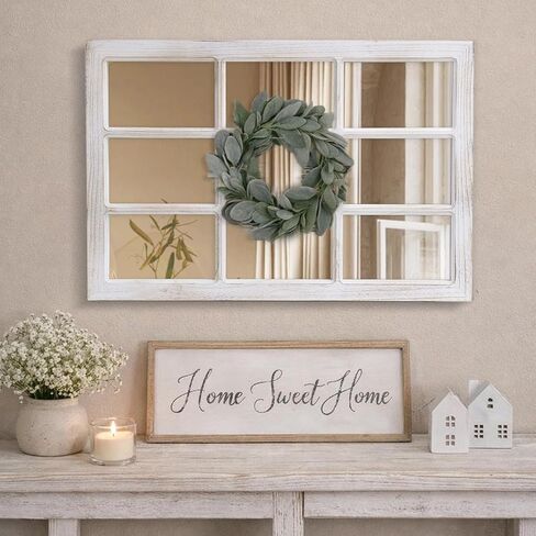 LOSOUR 24"x36" Vintage Mirror, Solid Wood Windowpane Mirrors, Farmhouse Mirror for Wall, Rustic Home Wall Decor Accents for Bedroom Living Room Dining Room, Mantle, Entryway (1, Washwhite, 24"X36") in Saudi Arabia