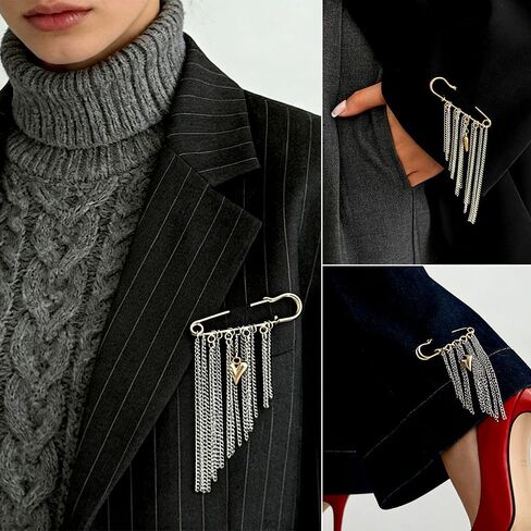 Silver Multi-tassel Chain Brooch Pin with Gold Heart Pendant Brooches for Women Fashion Pins and Brooches Metal Long Chain Decorative Pins for Clothes Shirt Dress Pin Suit Brooch Womens Broach in Saudi Arabia