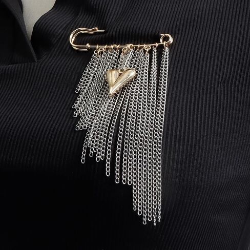 Silver Multi-tassel Chain Brooch Pin with Gold Heart Pendant Brooches for Women Fashion Pins and Brooches Metal Long Chain Decorative Pins for Clothes Shirt Dress Pin Suit Brooch Womens Broach in Saudi Arabia
