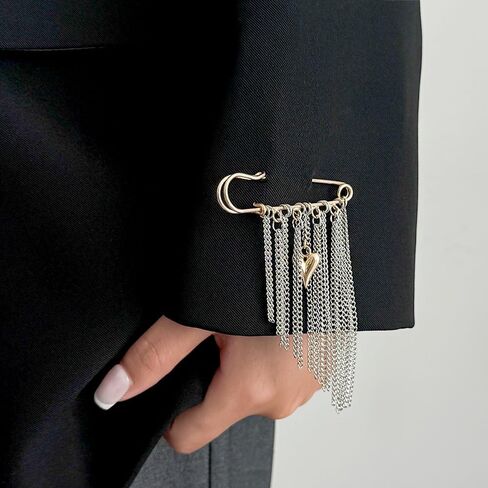 Silver Multi-tassel Chain Brooch Pin with Gold Heart Pendant Brooches for Women Fashion Pins and Brooches Metal Long Chain Decorative Pins for Clothes Shirt Dress Pin Suit Brooch Womens Broach in Saudi Arabia