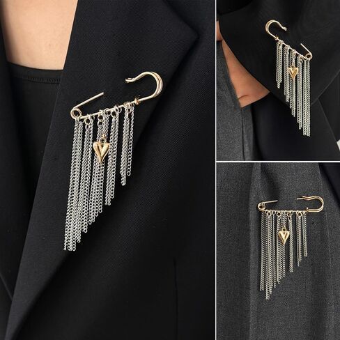 Silver Multi-tassel Chain Brooch Pin with Gold Heart Pendant Brooches for Women Fashion Pins and Brooches Metal Long Chain Decorative Pins for Clothes Shirt Dress Pin Suit Brooch Womens Broach in Saudi Arabia