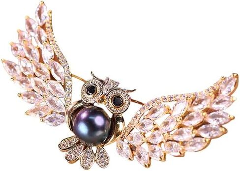 Natural Freshwater Pearl Brooch, 18K Gold Plated Owl Design, Black Pearl Center, Zirconia Wings, 2.36 Inches，sophisticated for ladies. in Saudi Arabia