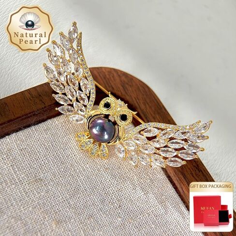 Natural Freshwater Pearl Brooch, 18K Gold Plated Owl Design, Black Pearl Center, Zirconia Wings, 2.36 Inches，sophisticated for ladies. in Saudi Arabia