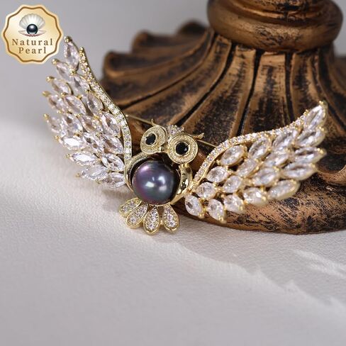 Natural Freshwater Pearl Brooch, 18K Gold Plated Owl Design, Black Pearl Center, Zirconia Wings, 2.36 Inches，sophisticated for ladies. in Saudi Arabia
