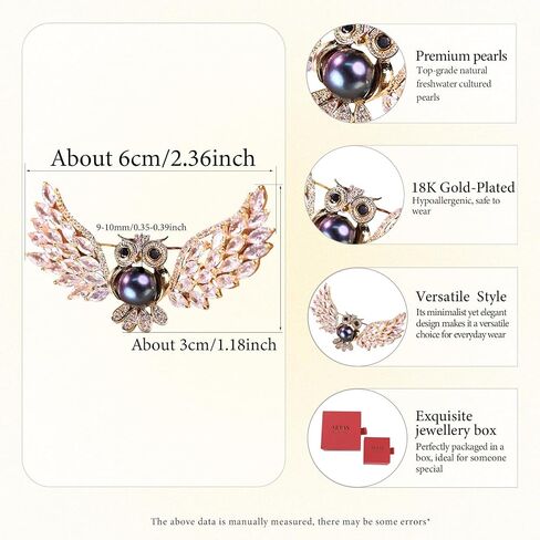 Natural Freshwater Pearl Brooch, 18K Gold Plated Owl Design, Black Pearl Center, Zirconia Wings, 2.36 Inches，sophisticated for ladies. in Saudi Arabia