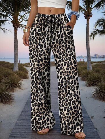 Wide Leg Pants for Women Flowy Palazzo Drawstring Elastic Waist Trousers with Pockets Summer Beach Vacation Clothes in Kuwait