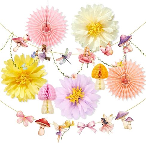 Paper Jazz Fairy First Birthday Decorations with Fairy Banner Pastel Pompom and Paper Flower for Wall,Enchanted Forest Decoration for Baby Shower Classroom,Mushroom Honeycomb Decor for Girl Party in Saudi Arabia