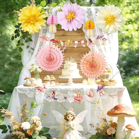 Paper Jazz Fairy First Birthday Decorations with Fairy Banner Pastel Pompom and Paper Flower for Wall,Enchanted Forest Decoration for Baby Shower Classroom,Mushroom Honeycomb Decor for Girl Party in Saudi Arabia
