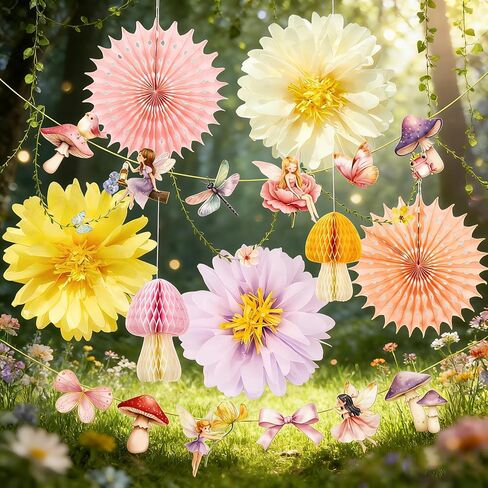 Paper Jazz Fairy First Birthday Decorations with Fairy Banner Pastel Pompom and Paper Flower for Wall,Enchanted Forest Decoration for Baby Shower Classroom,Mushroom Honeycomb Decor for Girl Party in Saudi Arabia