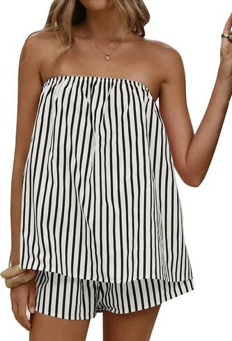 Women 2 Piece Matching Sets Striped Tube Top Shorts Sets Summer Vacation Outfits Y2K Going Out Top in Saudi Arabia