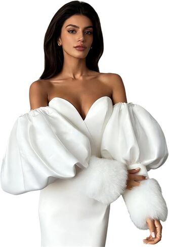 NICENEEDED Removable Puff Sleeves, White Detachable Long Bridal Sleeve, Elegant Wedding Stretchy Cuff for Wedding Dress Bridal Accessories in Kuwait