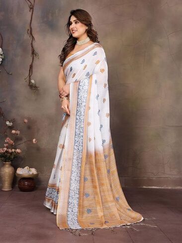 Women's Pure Cotton Linen Banarasi Soft Silk Saree With Unstitched Blouse Piece in Kuwait