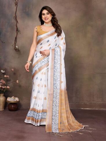 Women's Pure Cotton Linen Banarasi Soft Silk Saree With Unstitched Blouse Piece in Kuwait