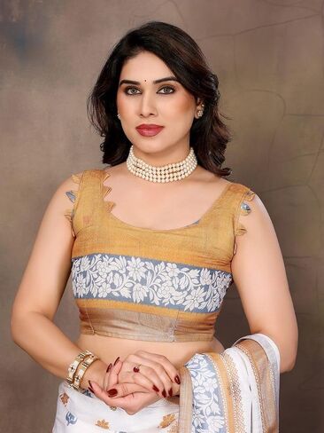 Women's Pure Cotton Linen Banarasi Soft Silk Saree With Unstitched Blouse Piece in Kuwait