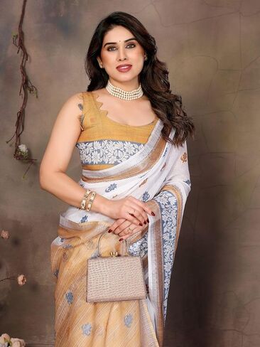 Women's Pure Cotton Linen Banarasi Soft Silk Saree With Unstitched Blouse Piece in Kuwait
