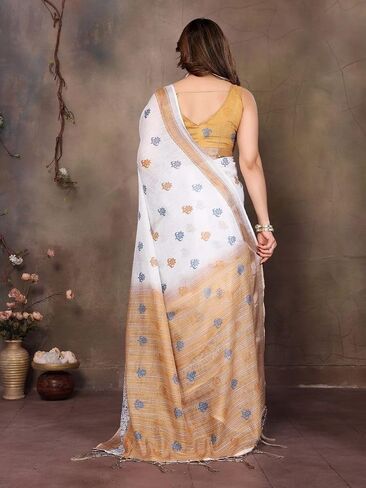 Women's Pure Cotton Linen Banarasi Soft Silk Saree With Unstitched Blouse Piece in Kuwait