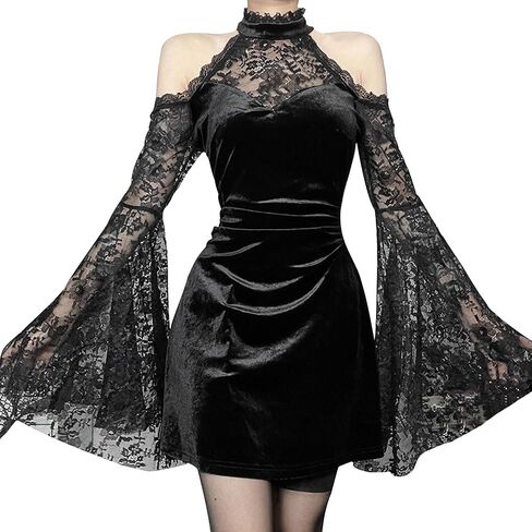 FEOYA Women Gothic Lace Dress Vintage Goth Halter Dress Flare Sleeve Vampire Withy Dresses in Kuwait