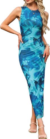 Allegra K Bodycon Dresses for Women Floral Print Sleeveless Ruched Fitted Cocktail Party Wedding Guest Maxi Dress in Kuwait