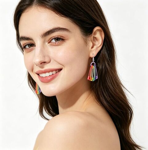 Rainbow Earrings Pride Earrings Rainbow Paperclip Chain Heart Drop Earrings Fun Lightweight Chain Rainbow Earrings for Women in Kuwait
